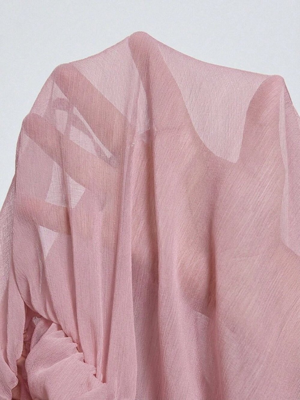 Pink Elegant Women's Mock Neck Sheer Blouse with Wrap Front and Puff Sleeves - Picture 7 of 7